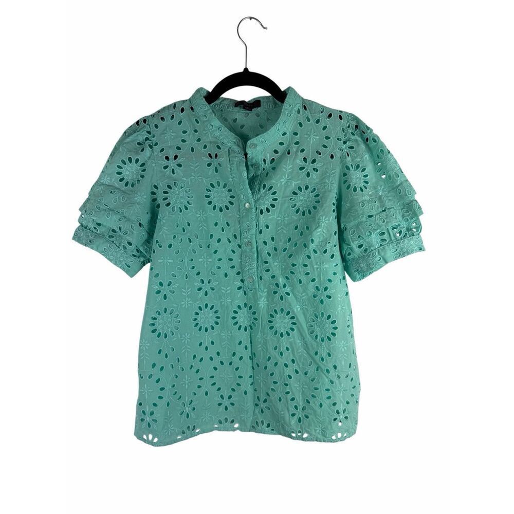J. Crew Factory Teal Eyelet Ruffle Sleeve Blouse